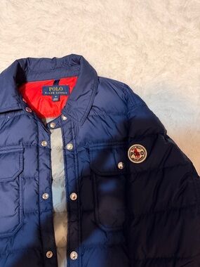 Polo by Ralph Lauren Navy Blue Quilted Bomber Jacket with Red Lining